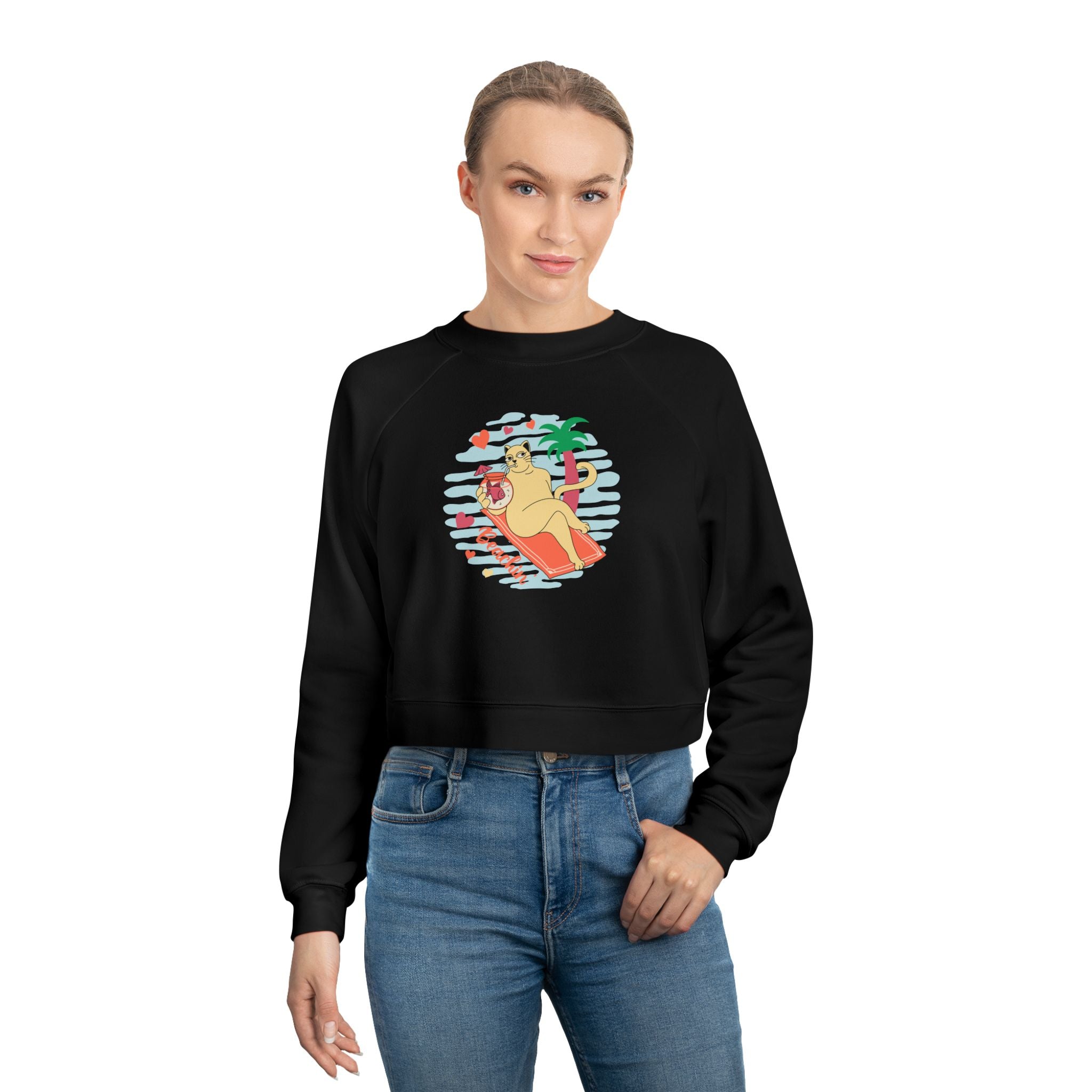 Beachin' Cat Graphic Cropped Sweatshirt
