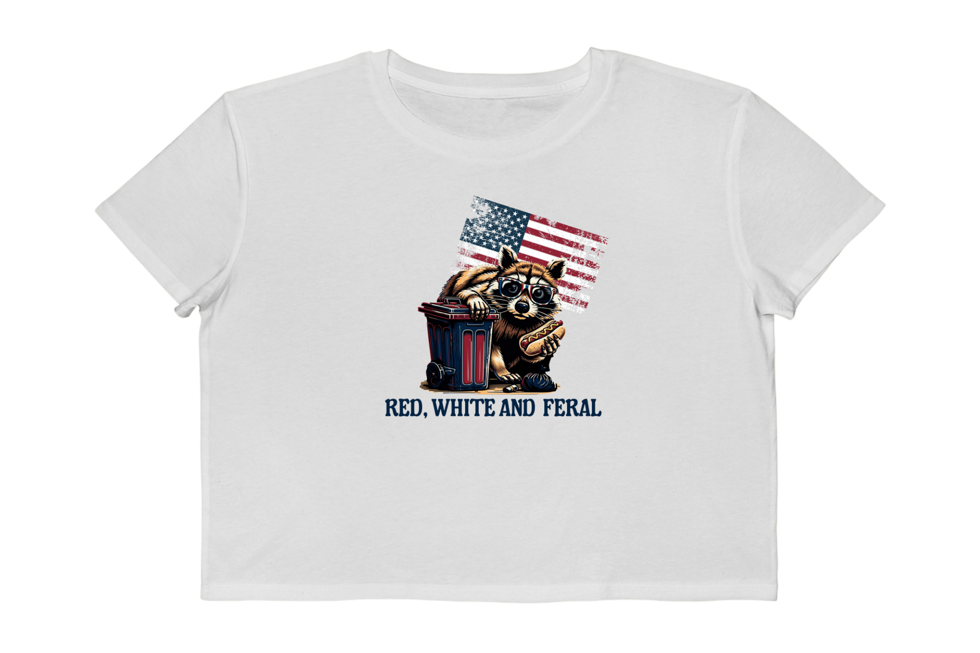 Red, White and Feral Cropped Tee — Patriotic Raccoon Graphic Women's Top