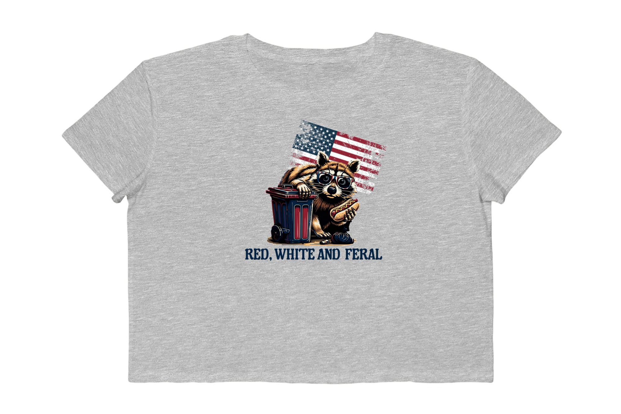 Red, White and Feral Cropped Tee — Patriotic Raccoon Graphic Women's Top