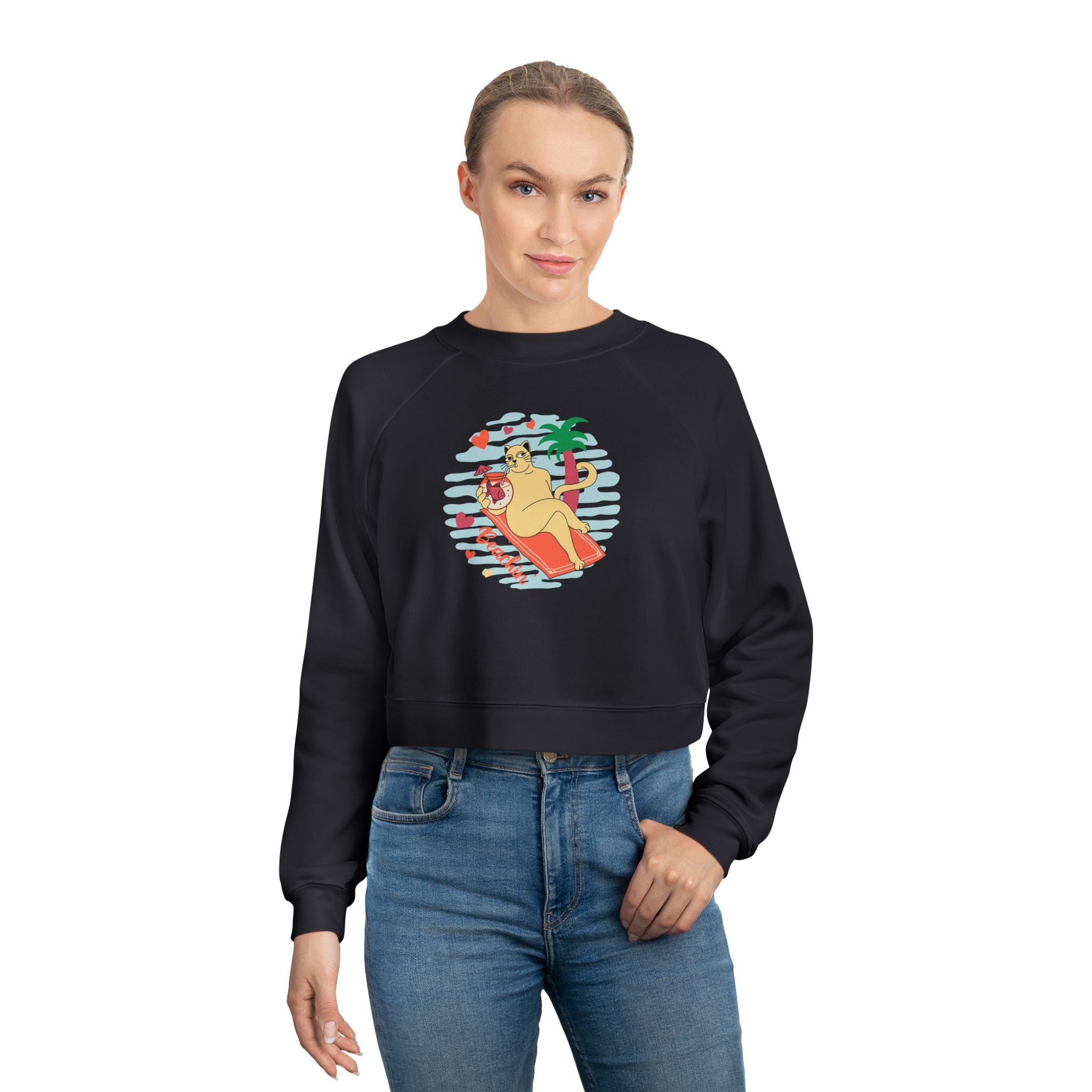 Beachin' Cat Graphic Cropped Sweatshirt